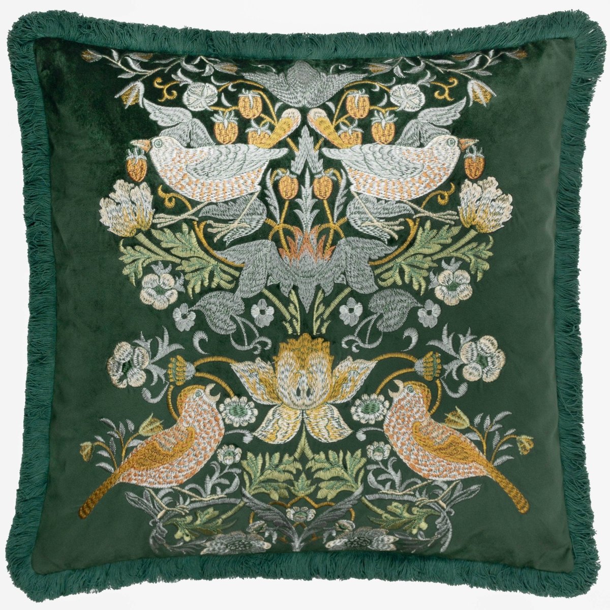 Strawberry Thief Embroidered Velvet Cushion - Forest - Draper and Mercer