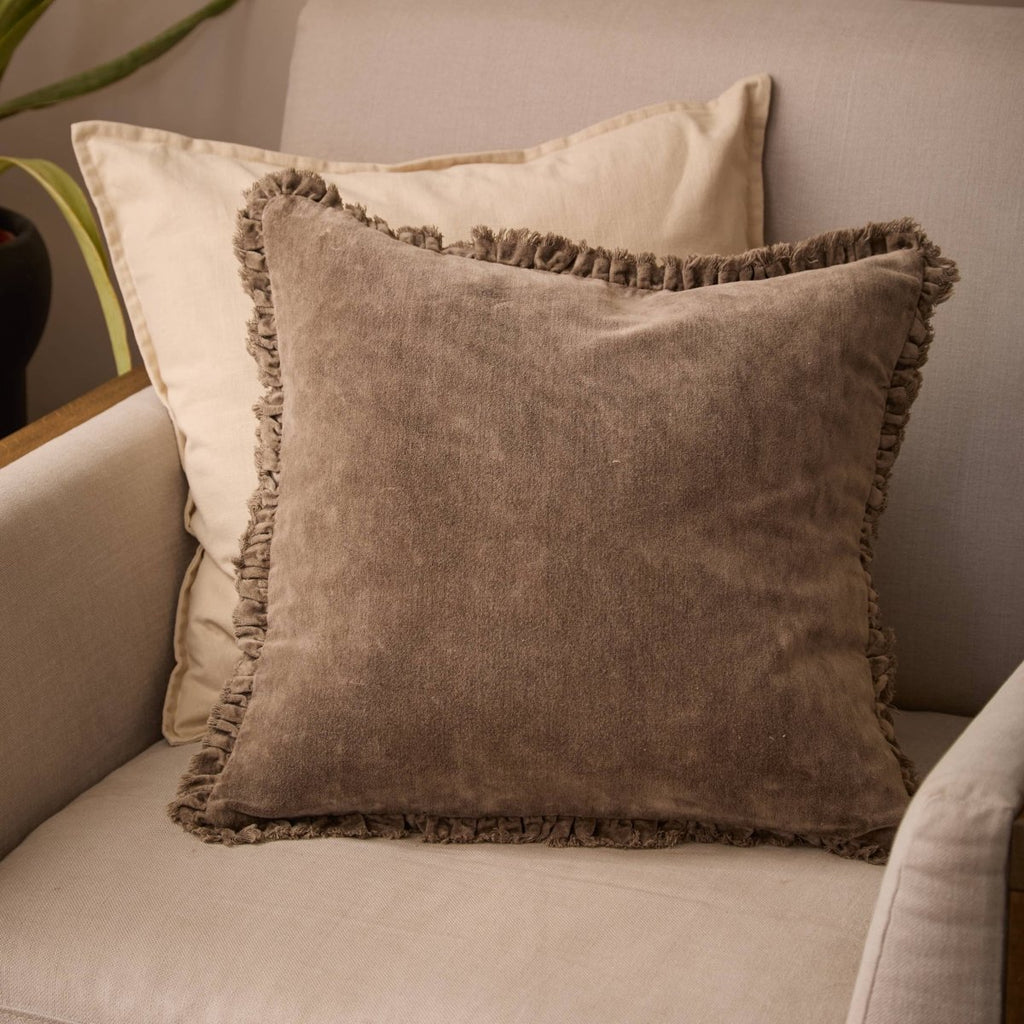 Washed Cotton Velvet Cushion - Chocolate - Draper and Mercer