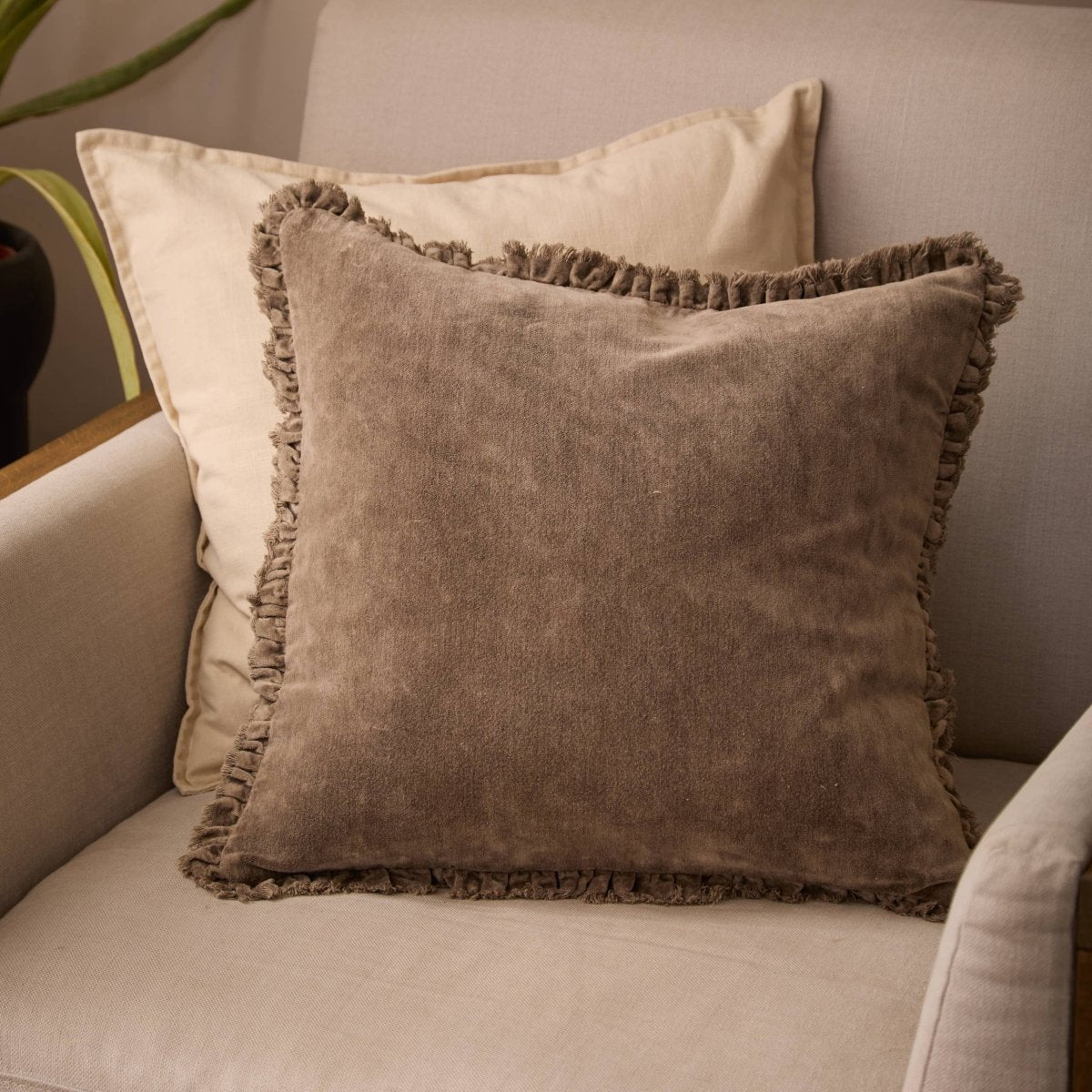 Washed Cotton Velvet Cushion - Chocolate - Draper and Mercer
