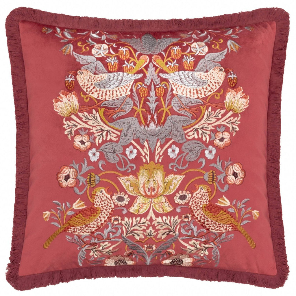 Strawberry Thief Embroidered Velvet Cushion - Berry - Draper and Mercer