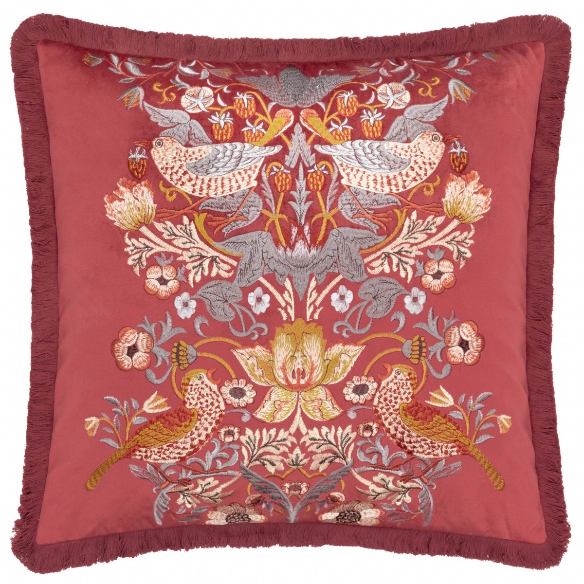 Strawberry Thief Embroidered Velvet Cushion - Berry - Draper and Mercer