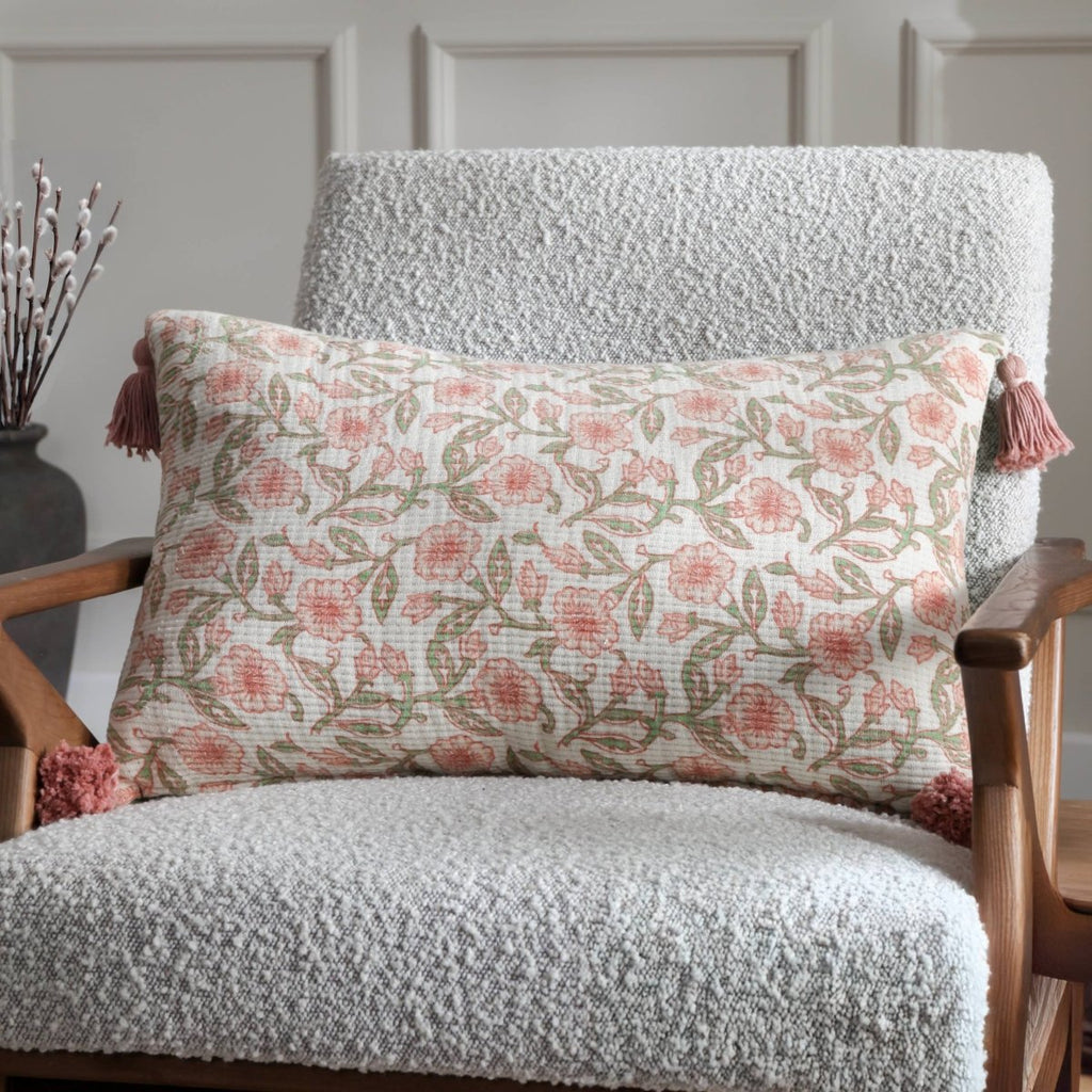 Floral Tasselled Cushion - Coral - Draper and Mercer