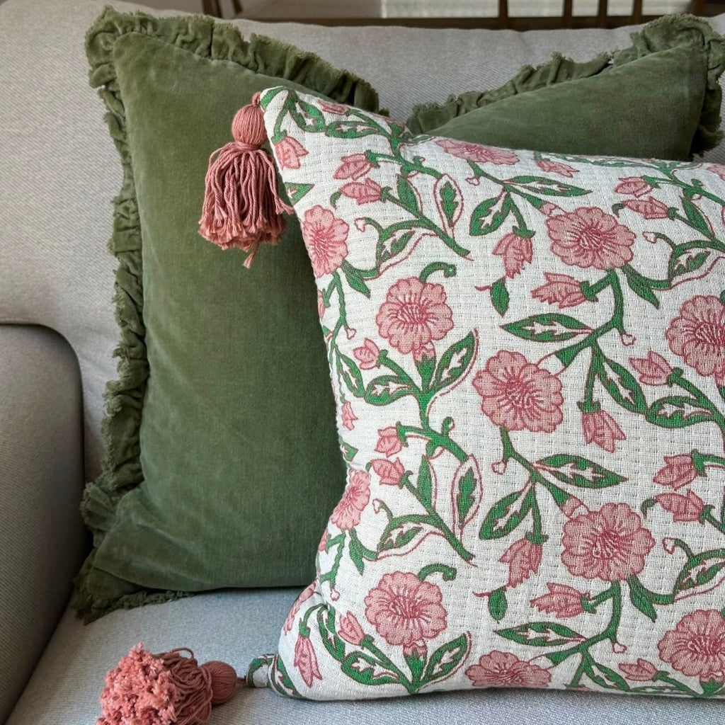 Floral Tasselled & Sage Velvet Cushion Bundle - Draper and Mercer