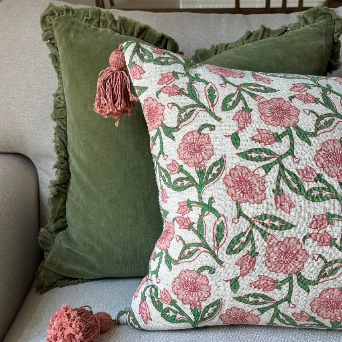 Floral Tasselled & Sage Velvet Cushion Bundle - Draper and Mercer