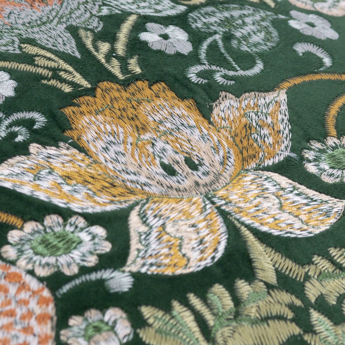 Strawberry Thief Embroidered Velvet Cushion - Forest - Draper and Mercer