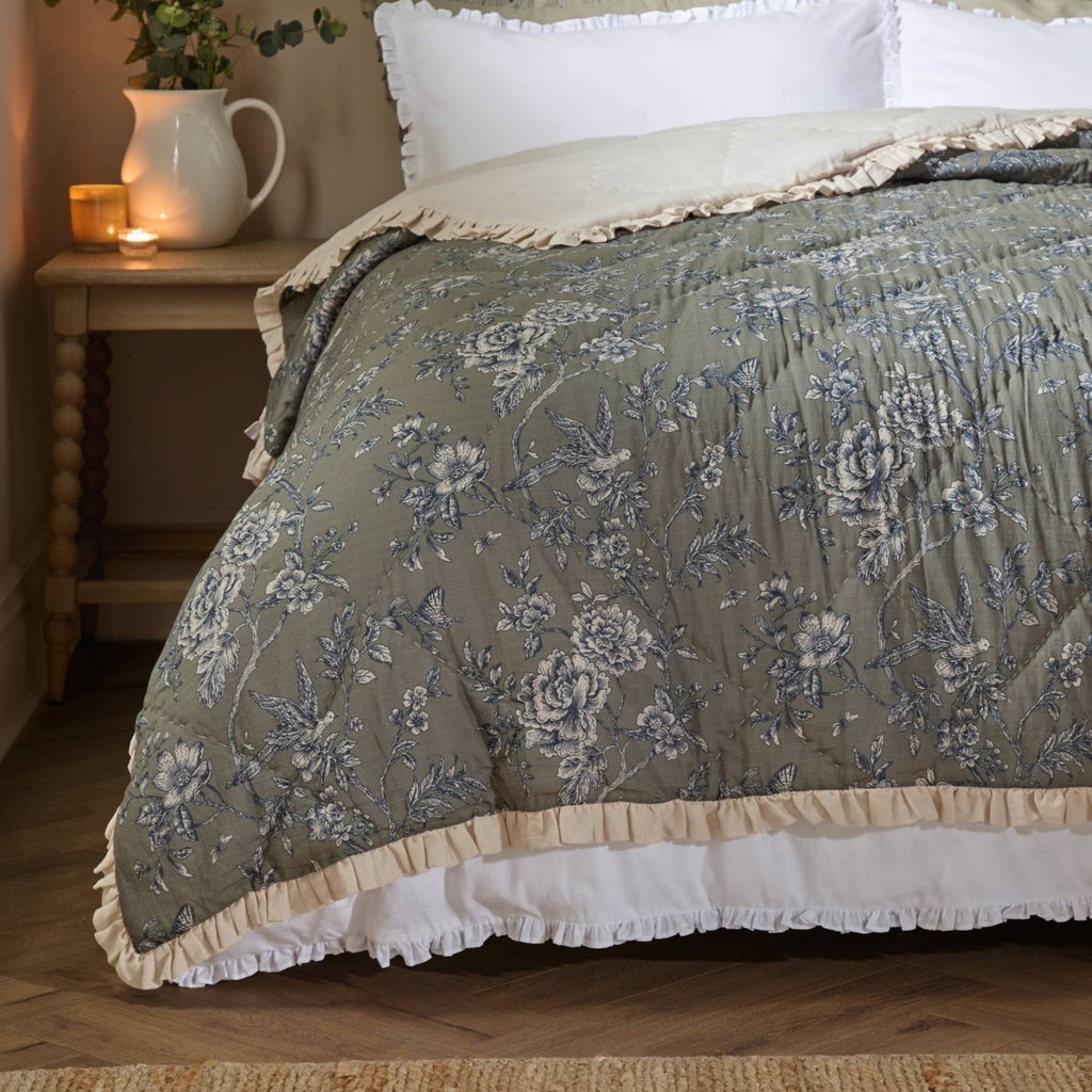 100 % Cotton Ruffled Bedspread - Moss - Draper and Mercer