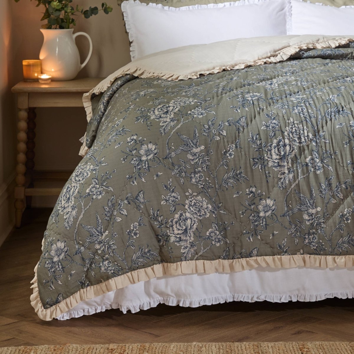100 % Cotton Ruffled Bedspread - Moss - Draper and Mercer