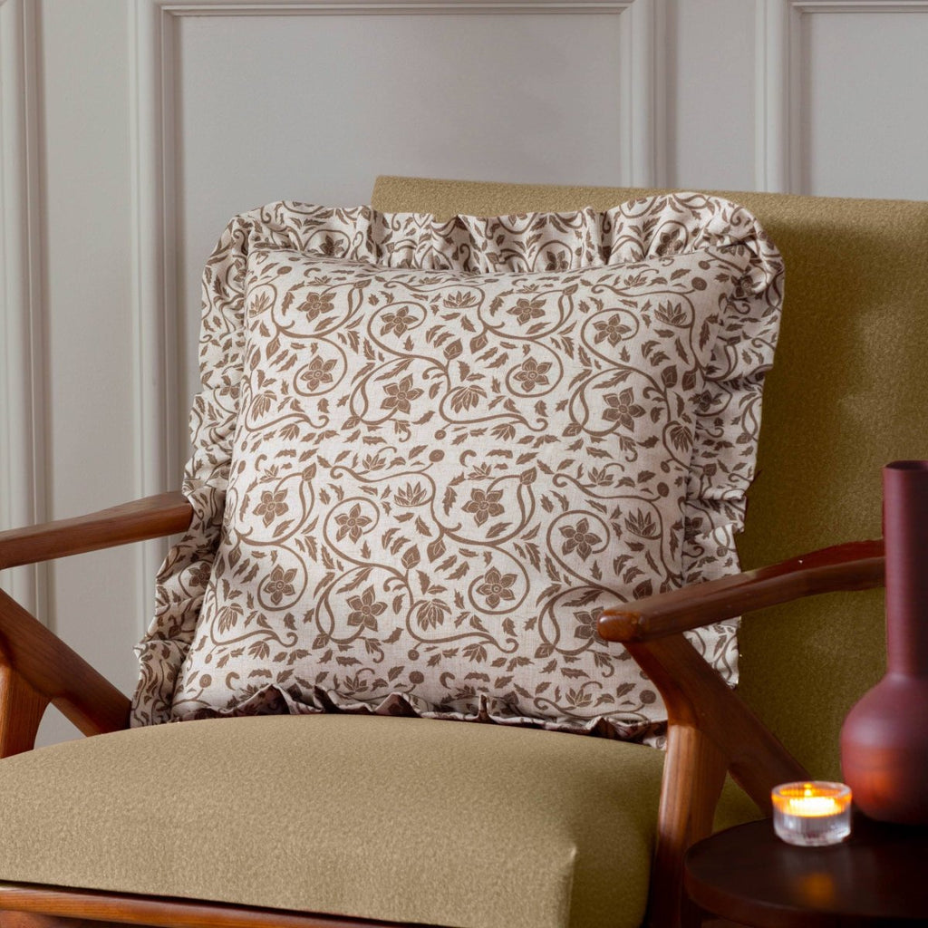 Linen Filigree Printed Ruffle Cushion - Linen/Olive - Draper and Mercer