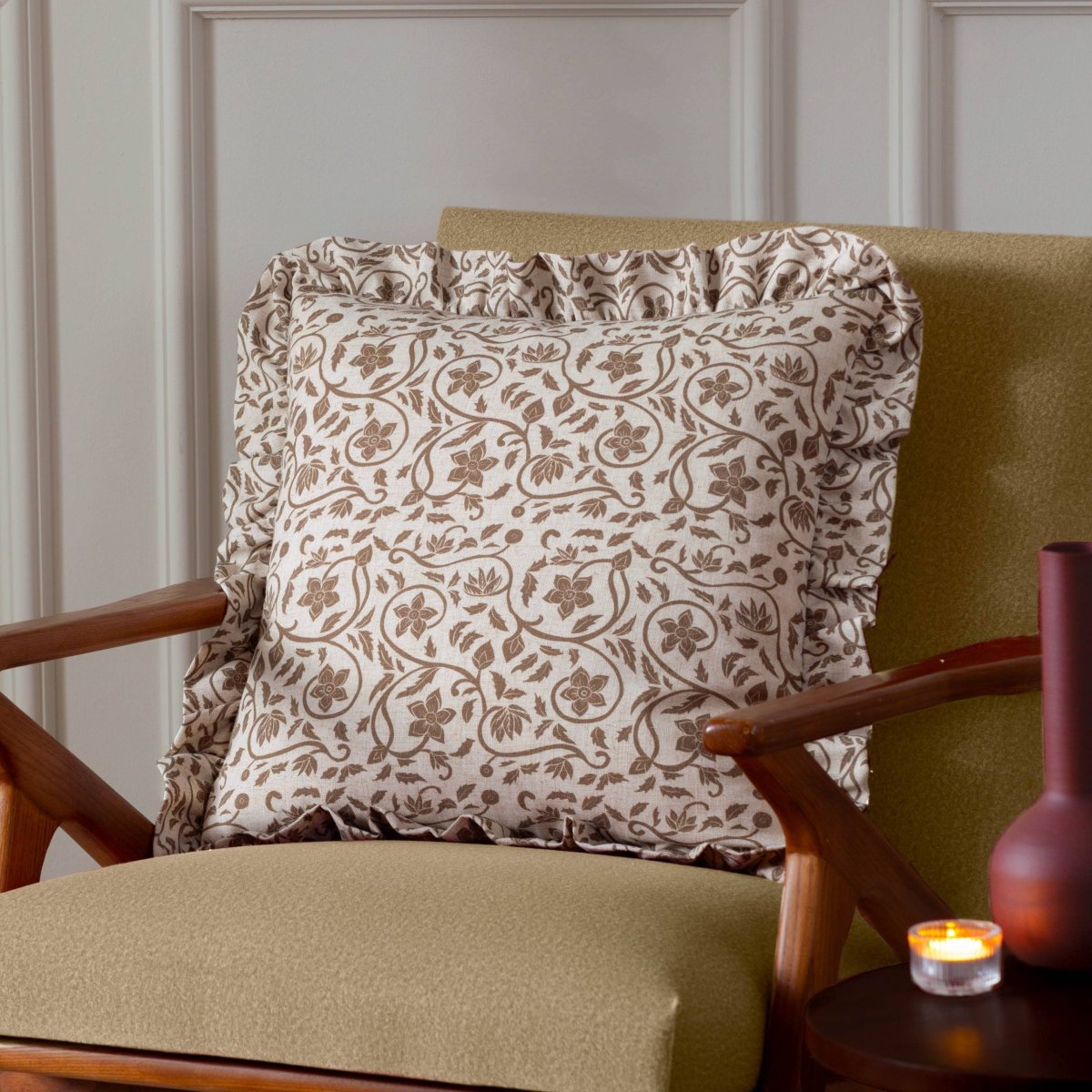 Linen Filigree Printed Ruffle Cushion - Linen/Olive - Draper and Mercer