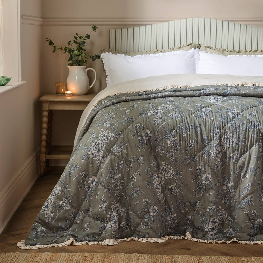 100 % Cotton Ruffled Bedspread - Moss - Draper and Mercer