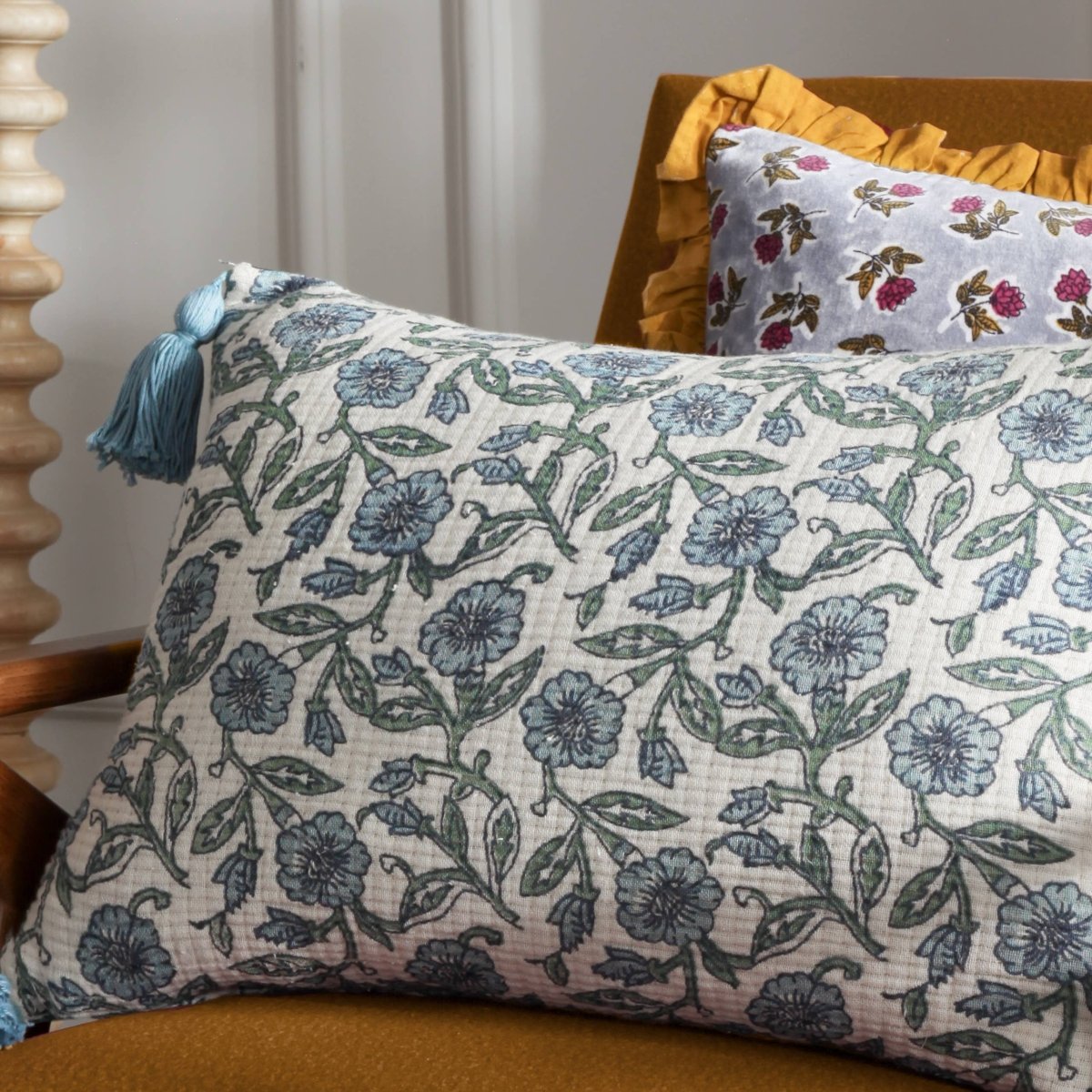 Floral Tasselled Cushion - Blue - Draper and Mercer
