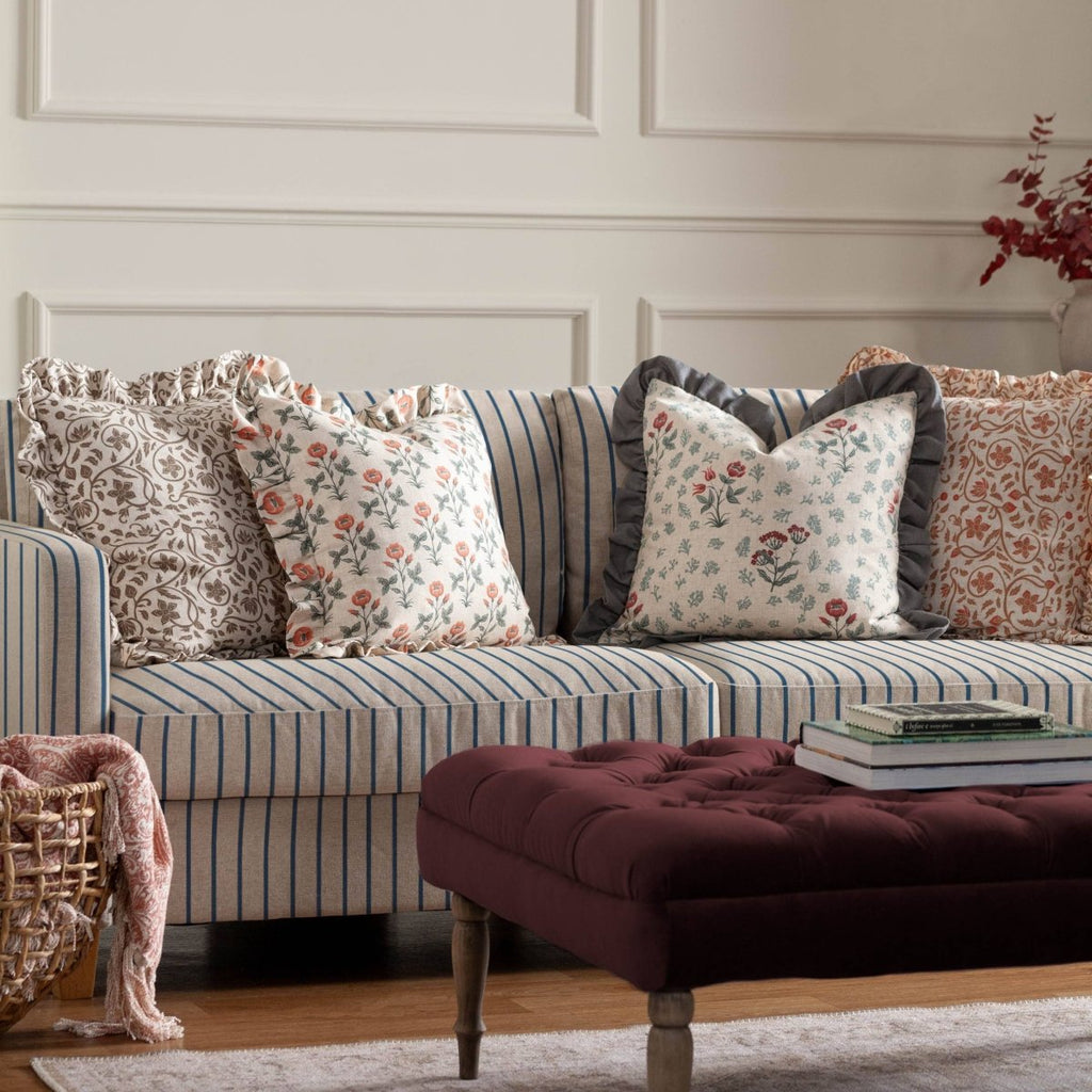 Linen Filigree Printed Ruffle Cushion - Linen/Olive - Draper and Mercer