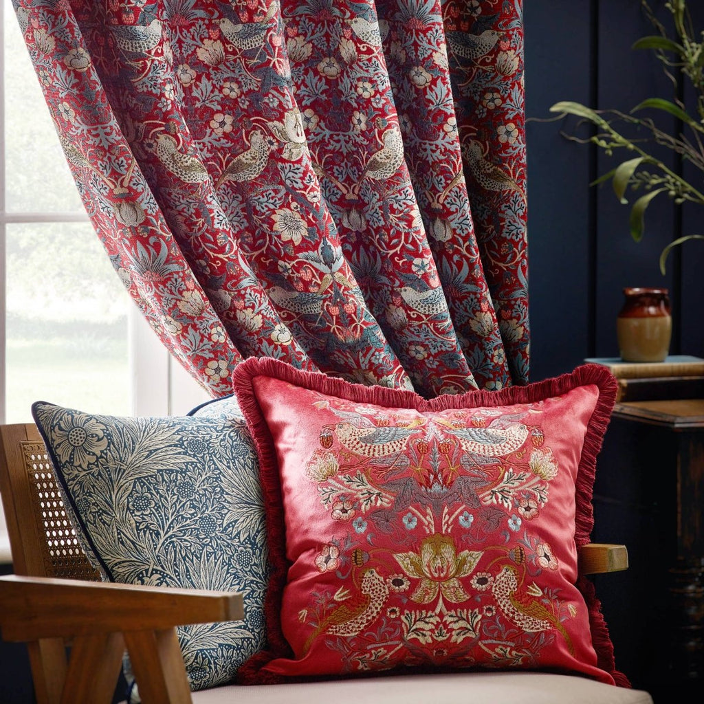Strawberry Thief Embroidered Velvet Cushion - Berry - Draper and Mercer