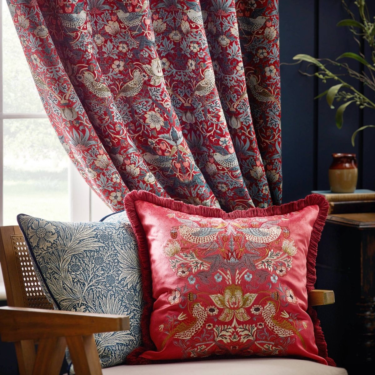 Strawberry Thief Embroidered Velvet Cushion - Berry - Draper and Mercer