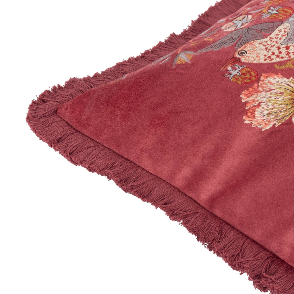 Strawberry Thief Embroidered Velvet Cushion - Berry - Draper and Mercer