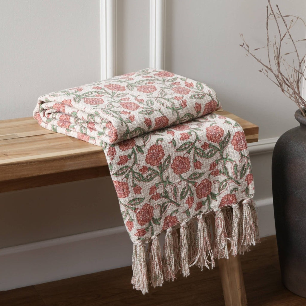 Floral Printed Cotton Throw - Coral - Draper and Mercer