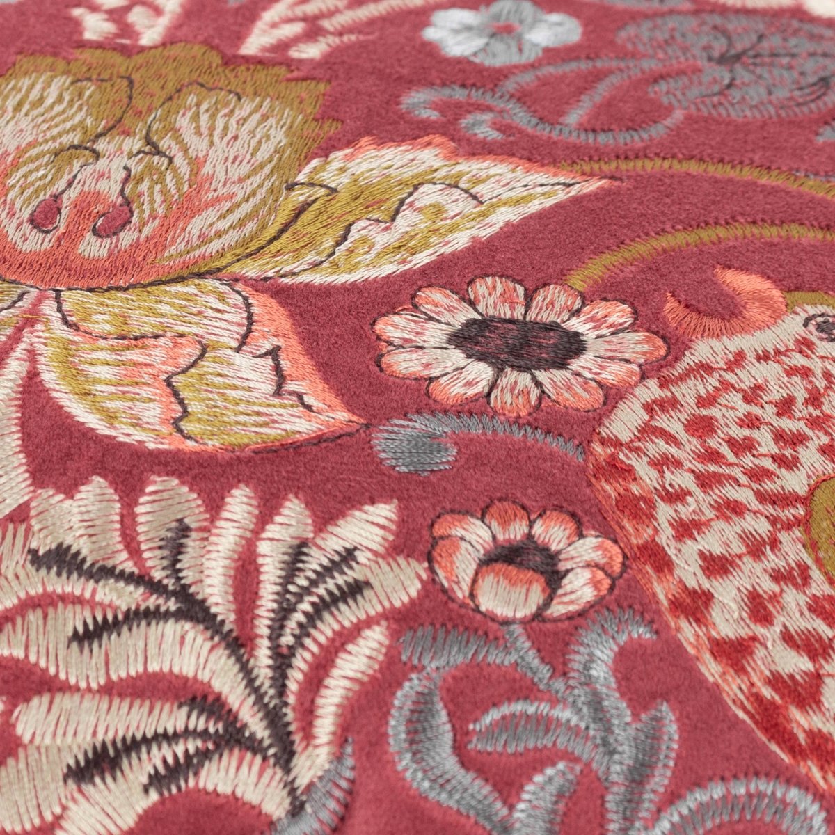 Strawberry Thief Embroidered Velvet Cushion - Berry - Draper and Mercer