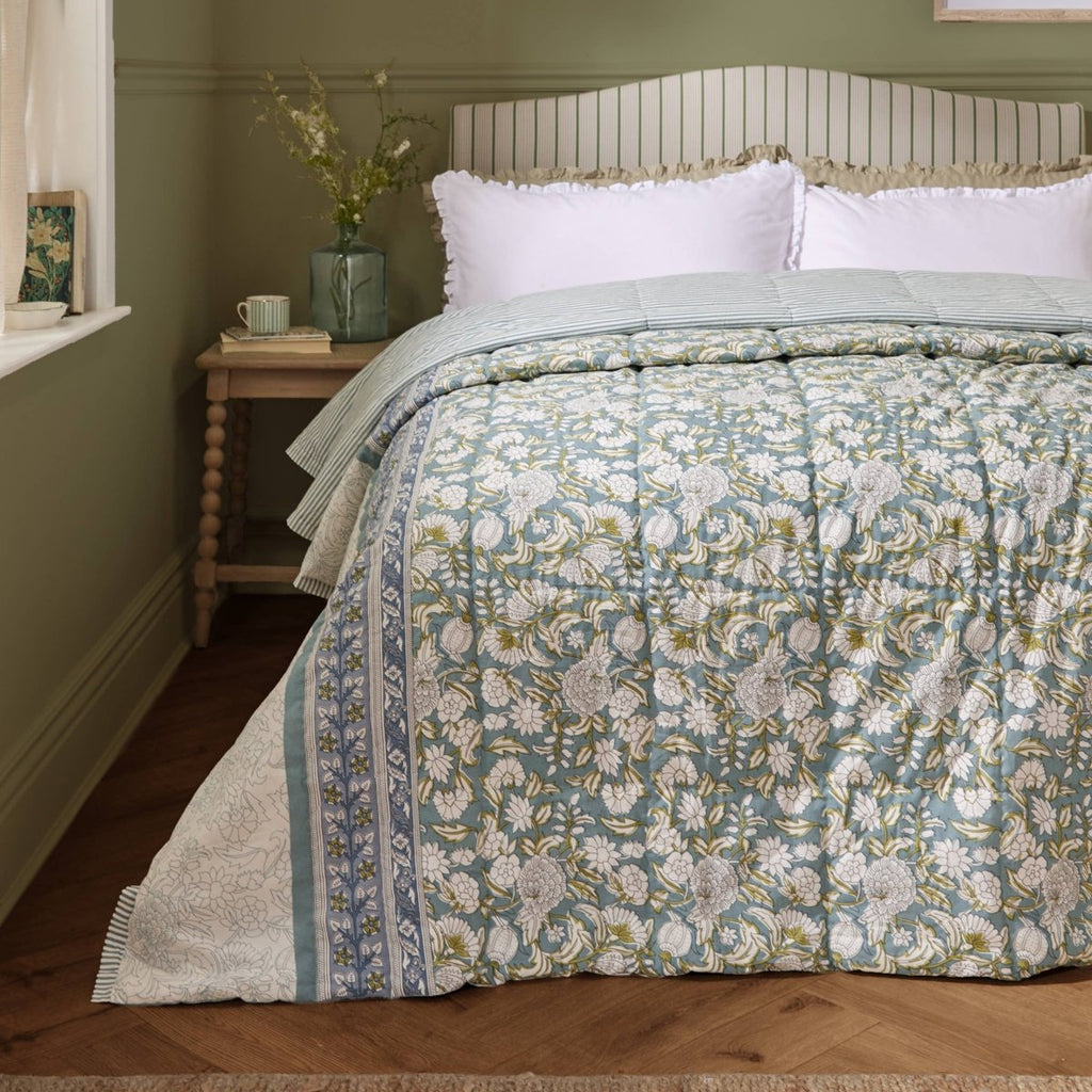 100% Cotton Floral Bedspread - Blue - Draper and Mercer
