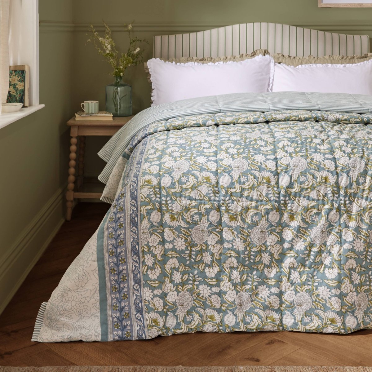 100% Cotton Floral Bedspread - Blue - Draper and Mercer