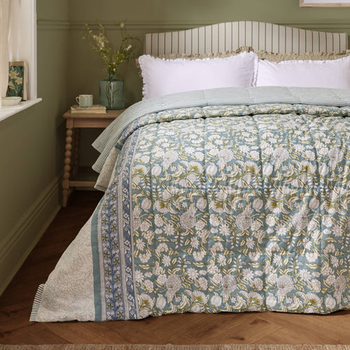 100% Cotton Floral Bedspread - Blue - Draper and Mercer