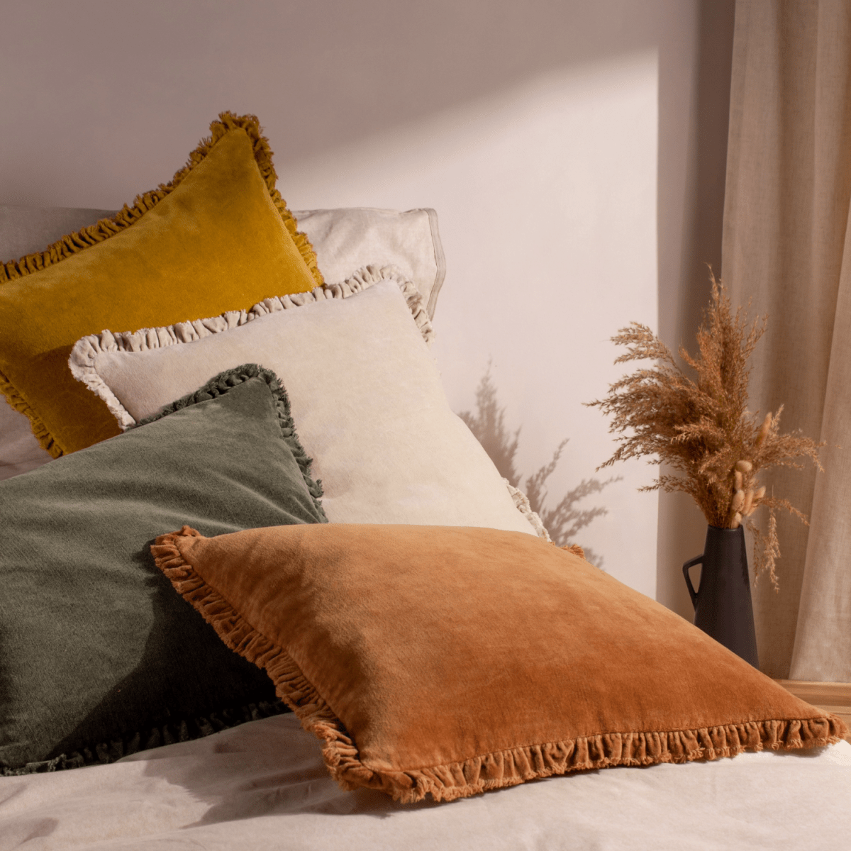 Washed Cotton Velvet Cushion – Saffron - Draper and Mercer