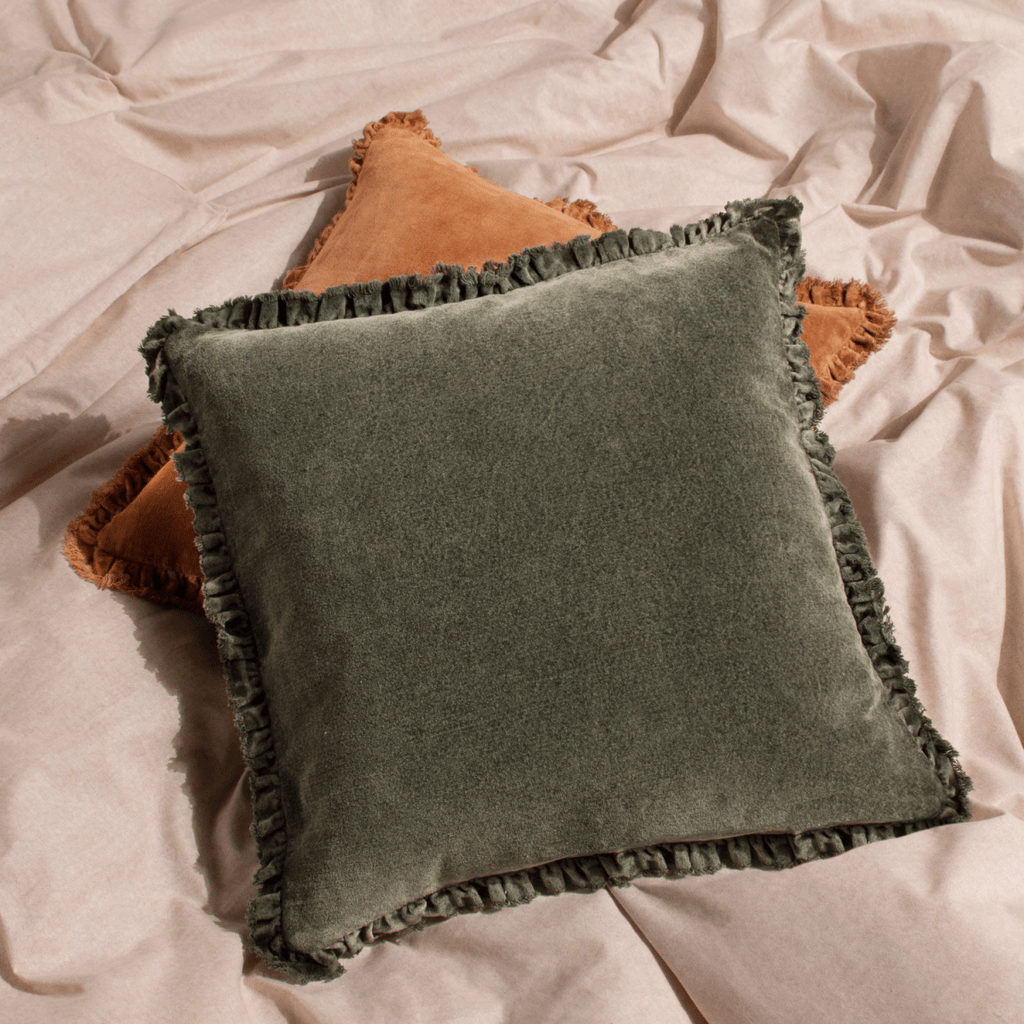 Washed Cotton Velvet Cushion – Moss - Draper and Mercer