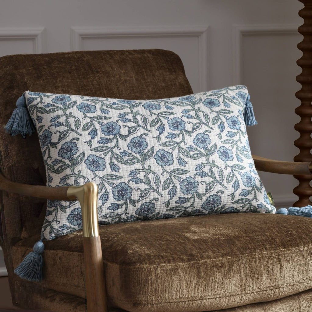 Floral Tasselled Cushion - Blue - Draper and Mercer
