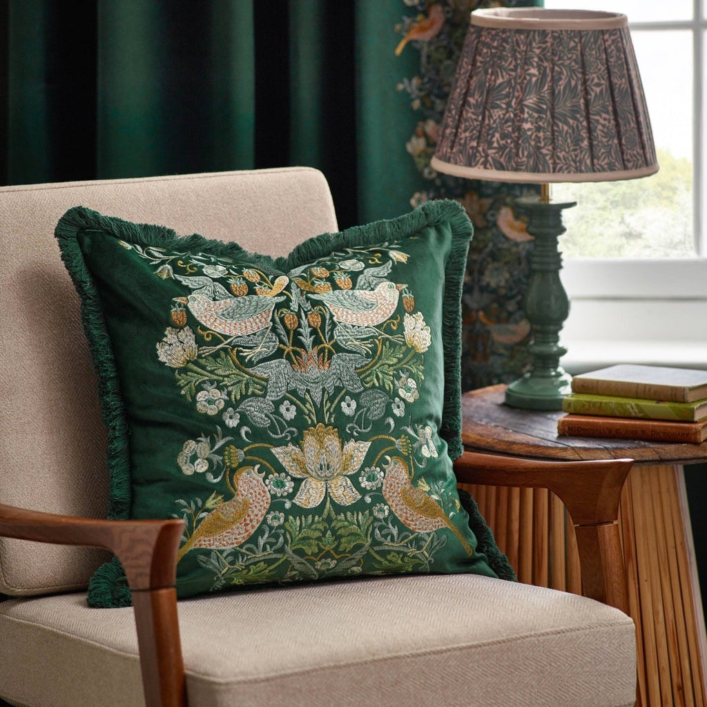 Strawberry Thief Embroidered Velvet Cushion - Forest - Draper and Mercer