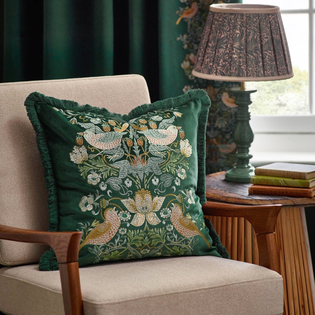 Strawberry Thief Embroidered Velvet Cushion - Forest - Draper and Mercer