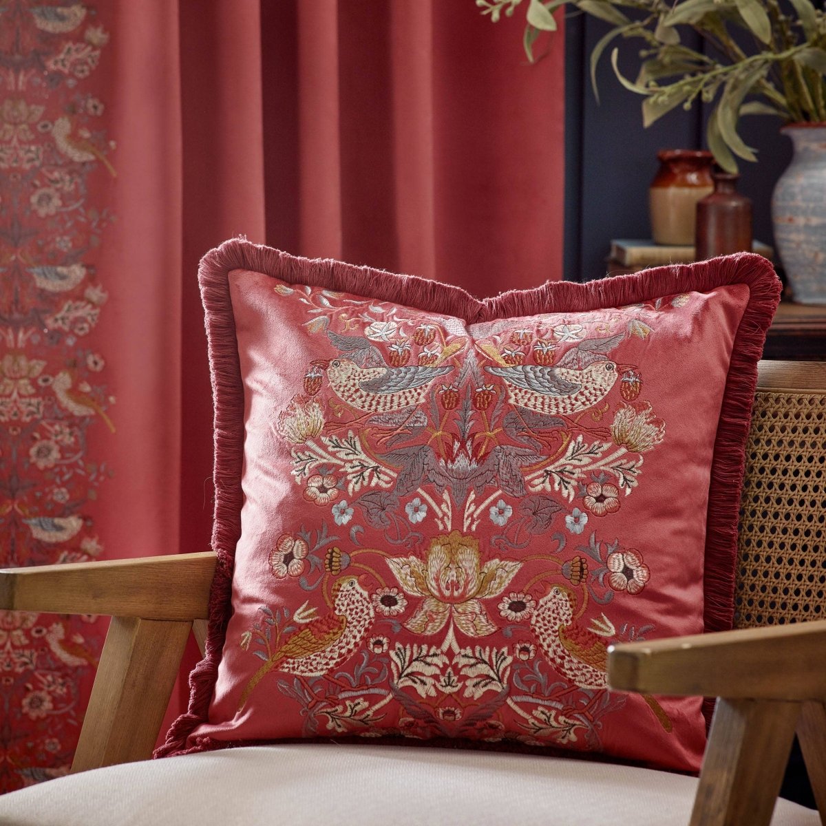 Strawberry Thief Embroidered Velvet Cushion - Berry - Draper and Mercer
