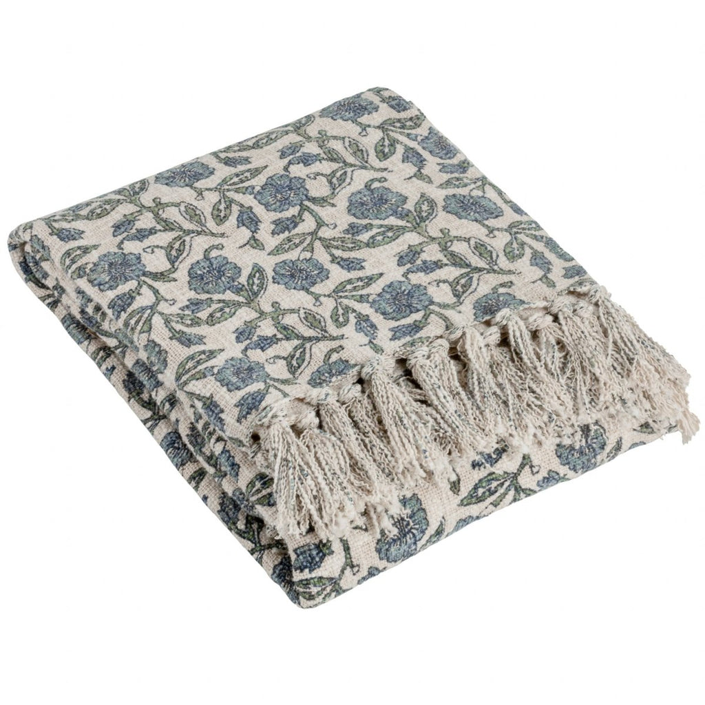 Floral Printed Cotton Throw - Blue - Draper and Mercer