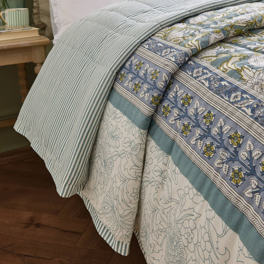 100% Cotton Floral Bedspread - Blue - Draper and Mercer