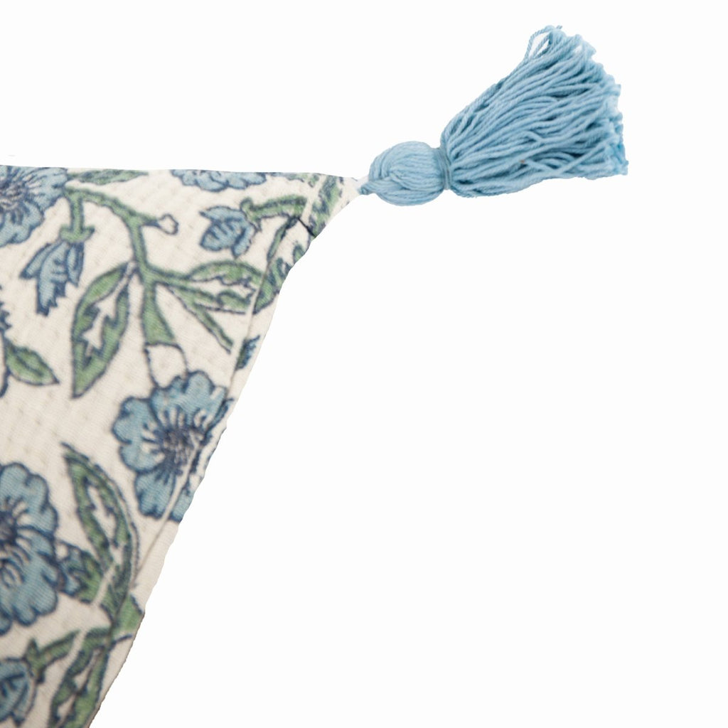 Floral Tasselled Cushion - Blue - Draper and Mercer