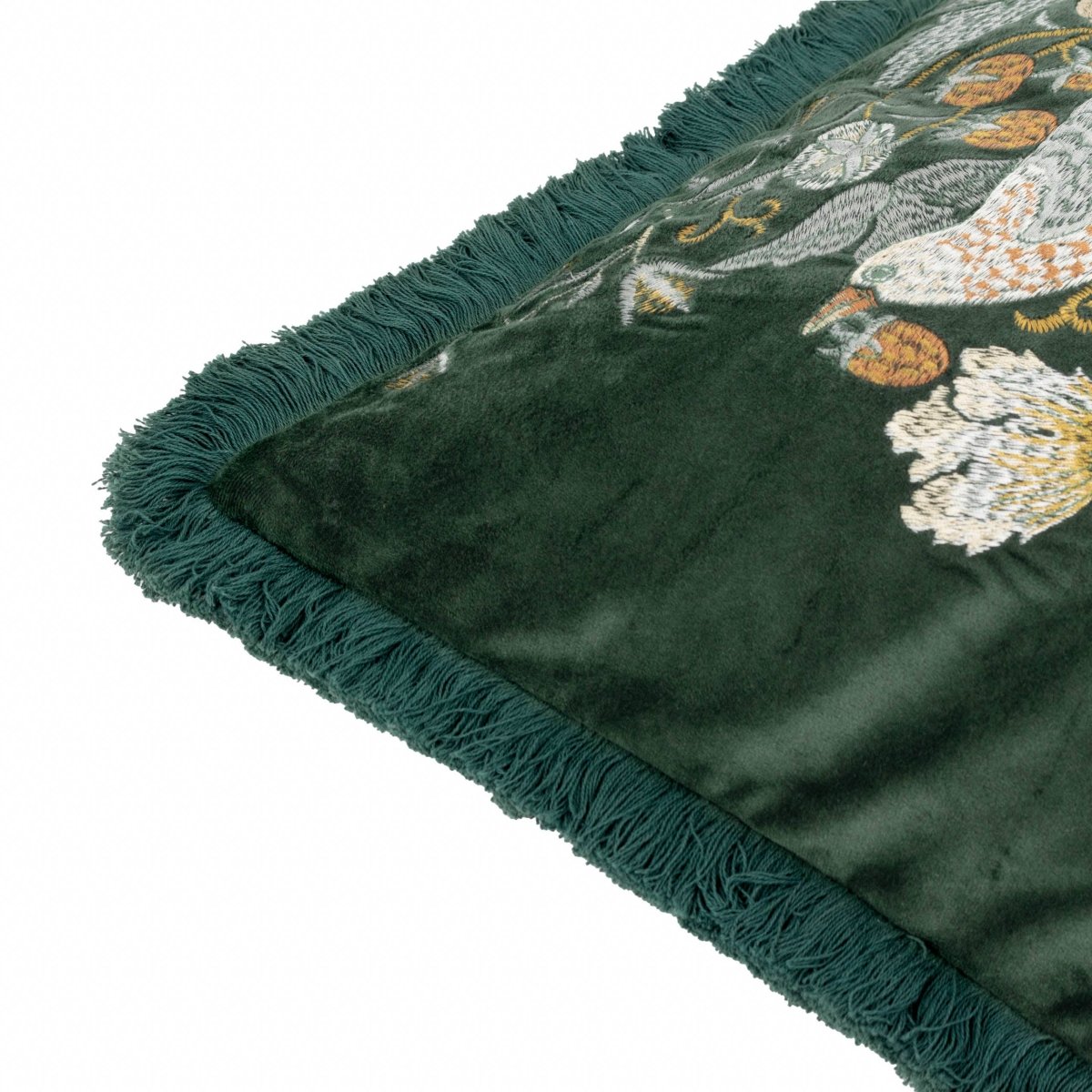 Strawberry Thief Embroidered Velvet Cushion - Forest - Draper and Mercer