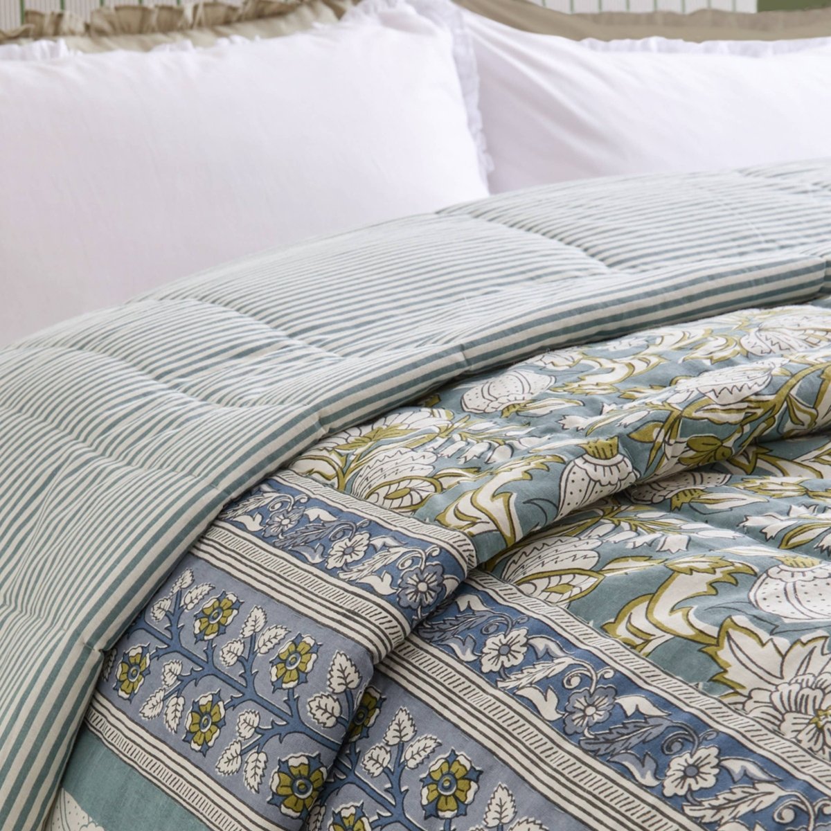 100% Cotton Floral Bedspread - Blue - Draper and Mercer