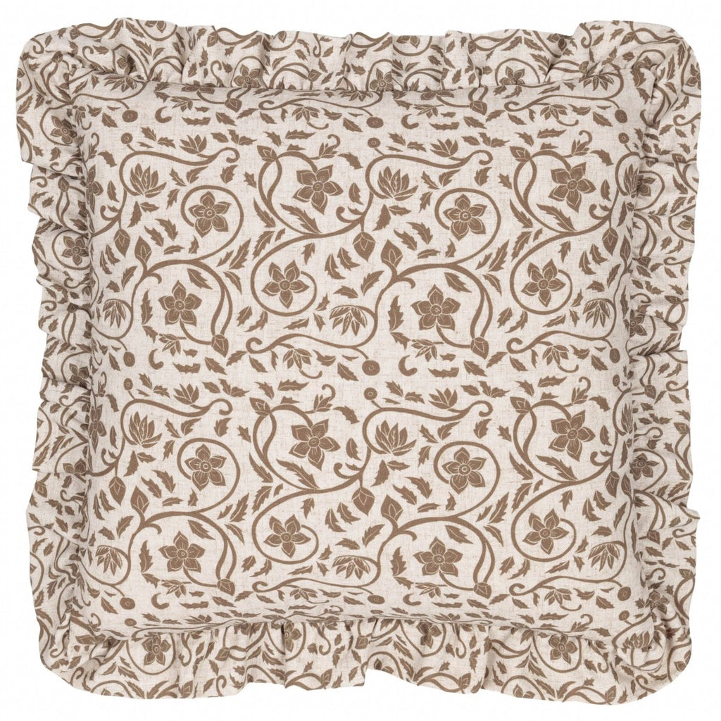 Linen Filigree Printed Ruffle Cushion - Linen/Olive - Draper and Mercer