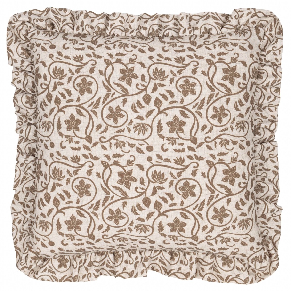 Linen Filigree Printed Ruffle Cushion - Linen/Olive - Draper and Mercer