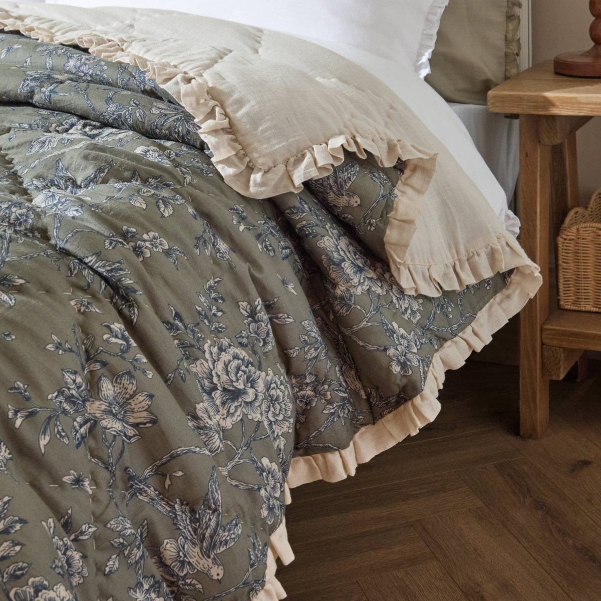 100 % Cotton Ruffled Bedspread - Moss - Draper and Mercer