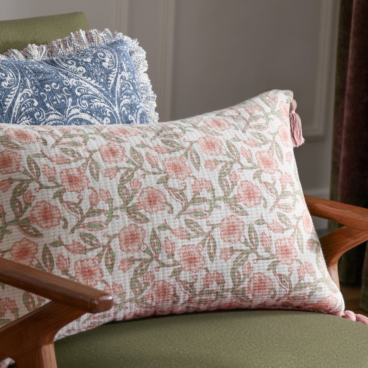Floral Tasselled Cushion - Coral - Draper and Mercer